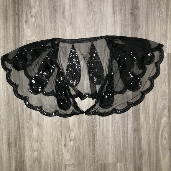 WOMENS MANTILLA BLACK SEQUIN SHAWL SHEER SCARF CAPE SHRUG FESTIVAL COACHELLA - Picture 4 of 8